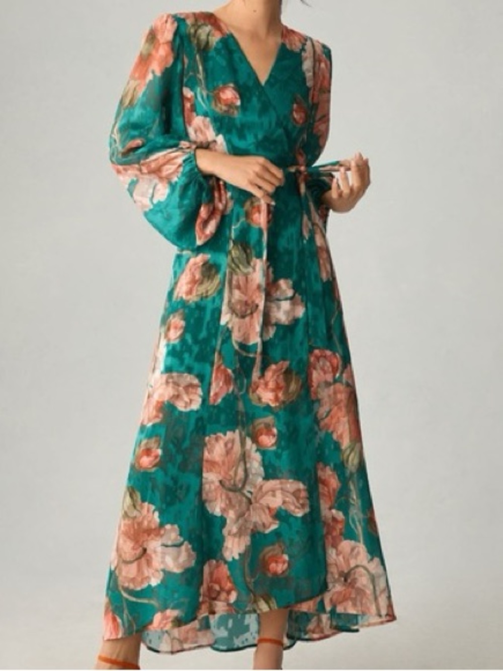 Hutch Teal Floral Wrap Maxi Dress with Puff Sleeves